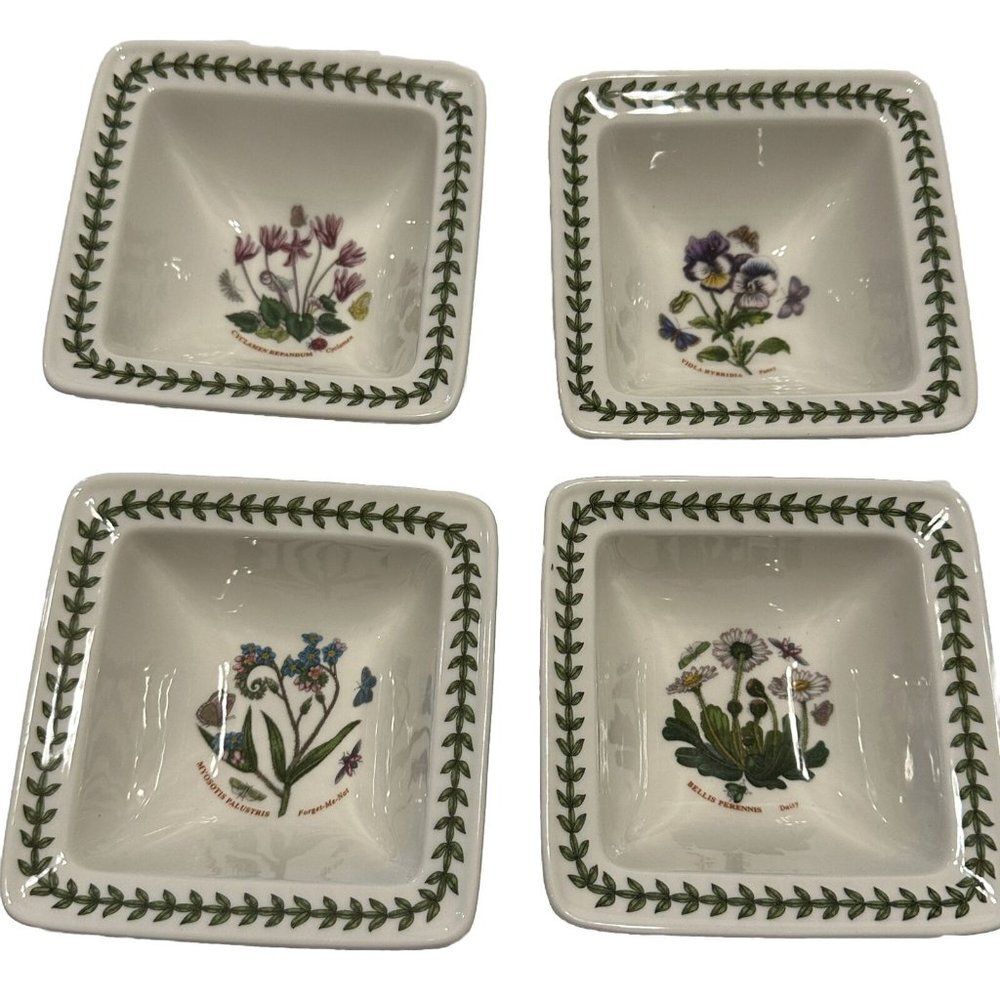 4 Portmeirion Botanic Garden 4” Square Bowls Mini Floral Butterfly Dinner Dishes